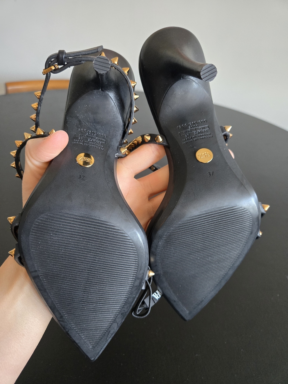 ZARA Black Gold Studded Pointed Toe Strappy Heeled Sandals Sz 37 - Picture 8 of 10